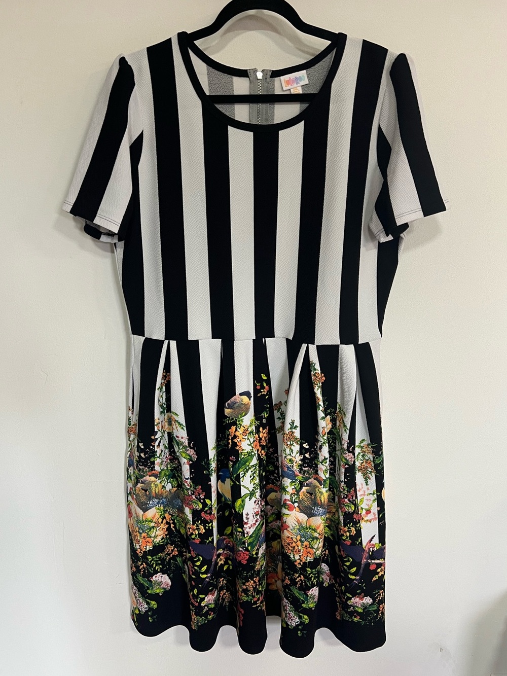 LuLaRoe Amelia Black White Stripe Floral Dipped Hem Dress